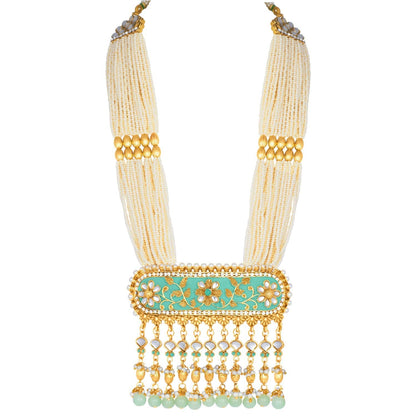 Women's traditional gold plated kundan pearl multi layered blue meena work longnecklace earrings set ml181bl