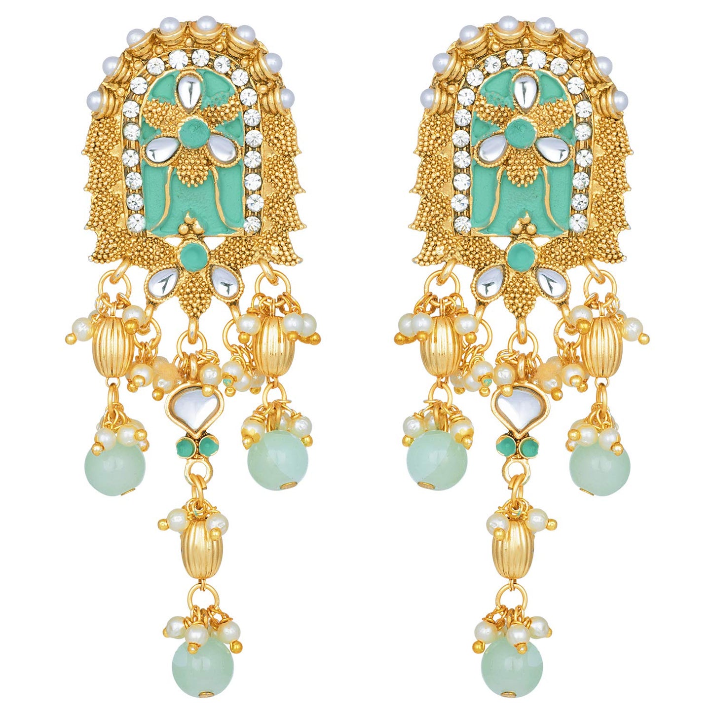 Women's traditional gold plated kundan pearl multi layered blue meena work longnecklace earrings set ml181bl