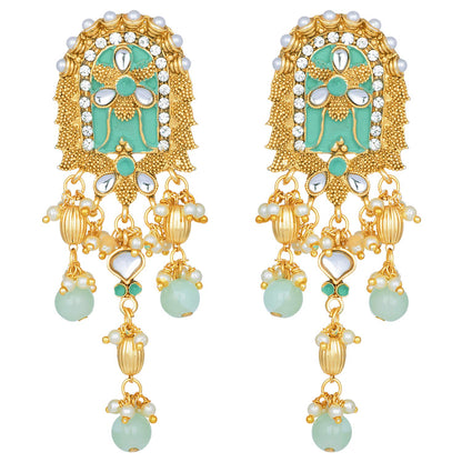 Women's traditional gold plated kundan pearl multi layered blue meena work longnecklace earrings set ml181bl