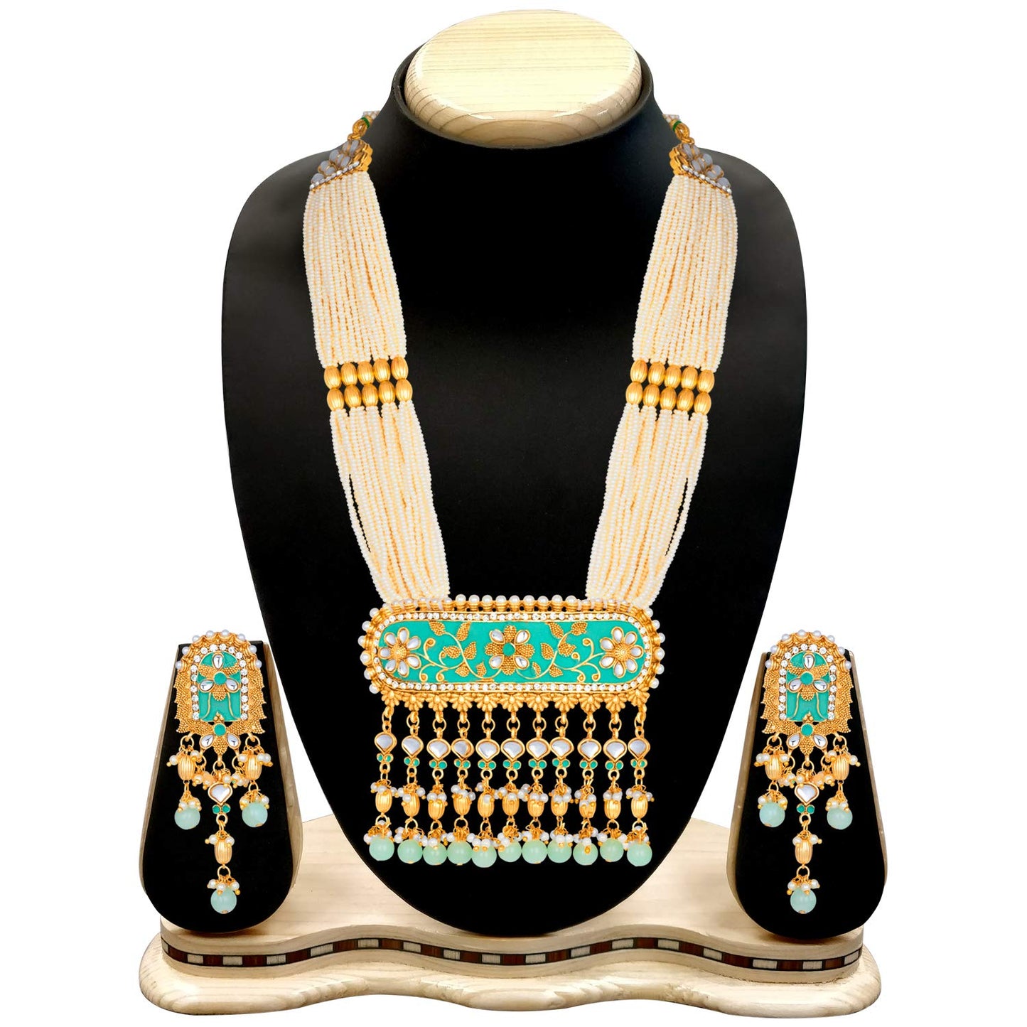 Women's traditional gold plated kundan pearl multi layered blue meena work longnecklace earrings set ml181bl