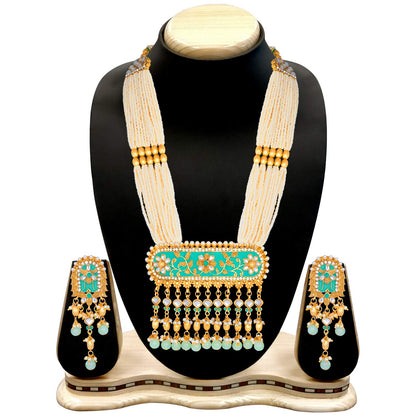 Women's traditional gold plated kundan pearl multi layered blue meena work longnecklace earrings set ml181bl