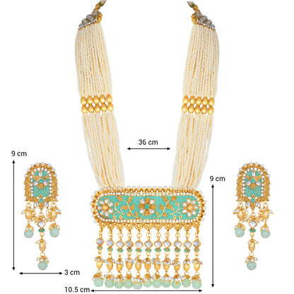 Women's traditional gold plated kundan pearl multi layered blue meena work longnecklace earrings set ml181bl