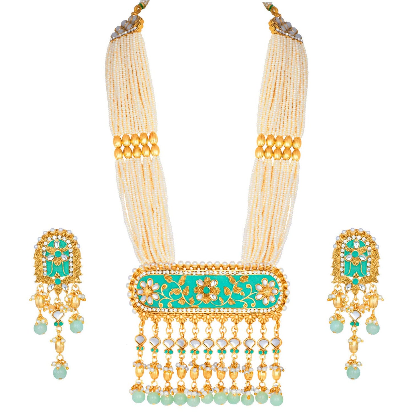 Women's traditional gold plated kundan pearl multi layered blue meena work longnecklace earrings set ml181bl