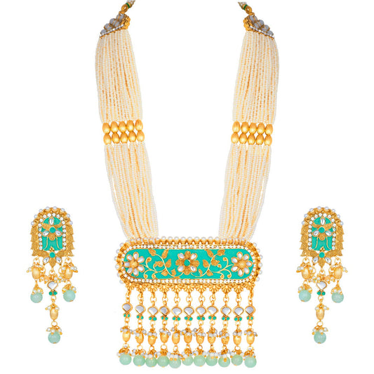 Women's traditional gold plated kundan pearl multi layered blue meena work longnecklace earrings set ml181bl