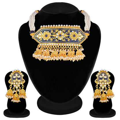 Women's traditiona lgold plated kundan pearl meena work choker jewellery set with jhumkis ml185g