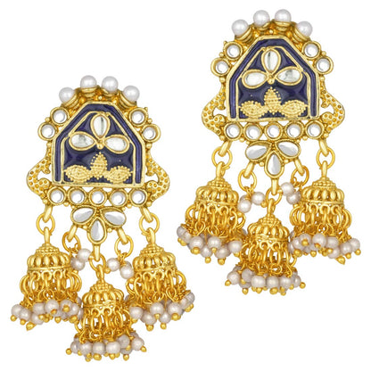 Women's traditiona lgold plated kundan pearl meena work choker jewellery set with jhumkis ml185g