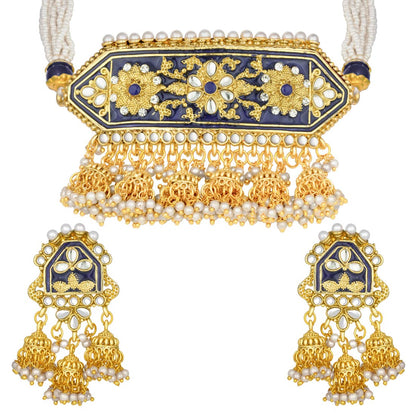 Women's traditiona lgold plated kundan pearl meena work choker jewellery set with jhumkis ml185g