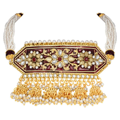 Women's traditiona lgold plated kundan pearl meena work choker jewellery set with jhumkis ml185g