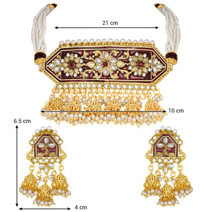 Women's traditiona lgold plated kundan pearl meena work choker jewellery set with jhumkis ml185g