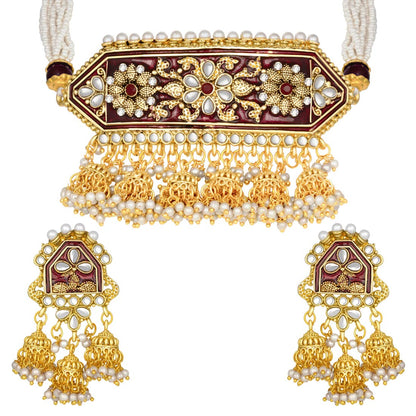 Women's traditiona lgold plated kundan pearl meena work choker jewellery set with jhumkis ml185g