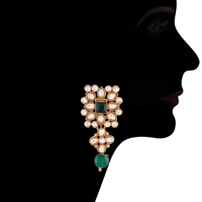 Women's Gold Plated White & Green Pearl & Kundan Studded Choker Necklace Set with Earrings & Maang Tikka