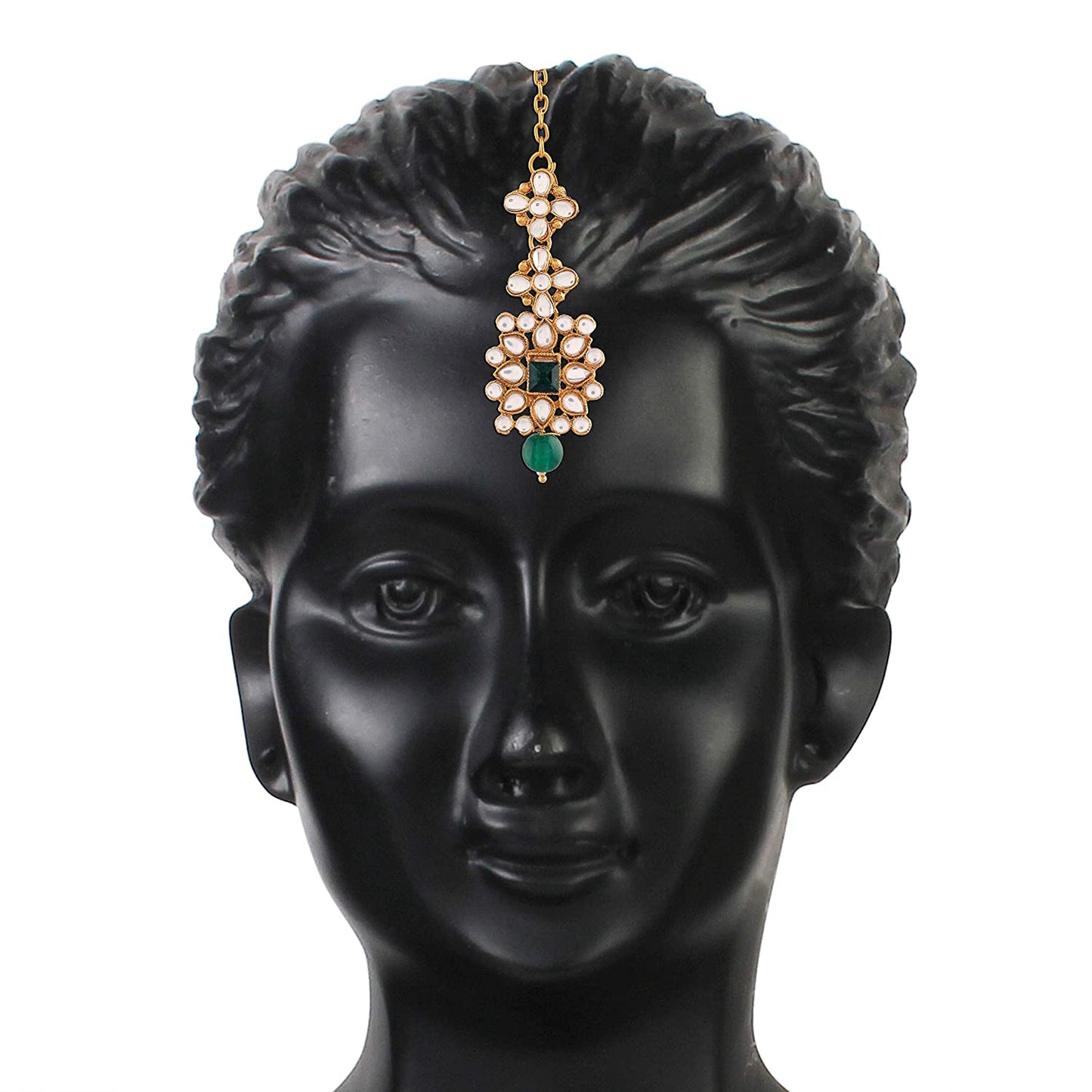 Women's Gold Plated White & Green Pearl & Kundan Studded Choker Necklace Set with Earrings & Maang Tikka