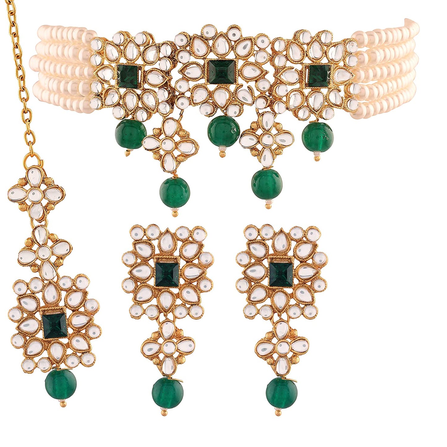 Women's Gold Plated White & Green Pearl & Kundan Studded Choker Necklace Set with Earrings & Maang Tikka