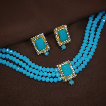 Women's  Gold Plated Traditional Handcrafted Turquoise Crystal Stone Beaded Choker Necklace Jewellery Set With Earrings
