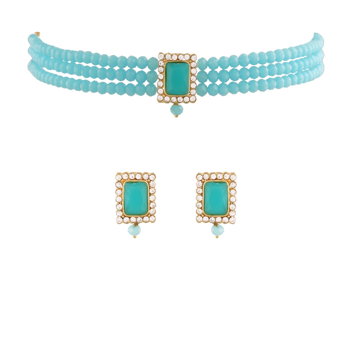 Women's  Gold Plated Traditional Handcrafted Turquoise Crystal Stone Beaded Choker Necklace Jewellery Set With Earrings