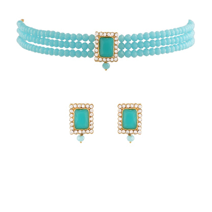 Women's  Gold Plated Traditional Handcrafted Turquoise Crystal Stone Beaded Choker Necklace Jewellery Set With Earrings