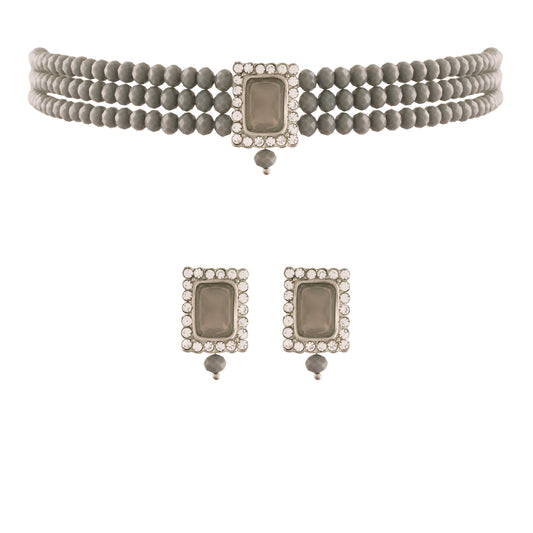 Women's  Rhodium Plated Grey Crystal Stone Beaded Choker Necklace Jewellery Set With Earrings