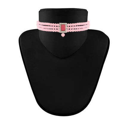 Women's  Rhodium Plated Pink Stone Studded Pearl Choker Necklace Jewellery Set With Earrings