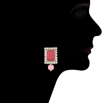 Women's  Rhodium Plated Pink Stone Studded Pearl Choker Necklace Jewellery Set With Earrings