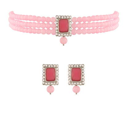 Women's  Rhodium Plated Pink Stone Studded Pearl Choker Necklace Jewellery Set With Earrings