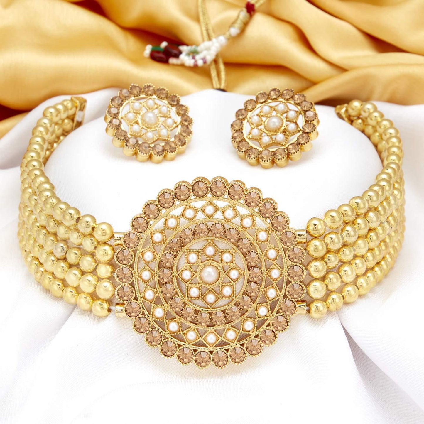 Women's Gold Plated Traditional Light Weight Pearl Beaded Choker Necklace Jewellery Set