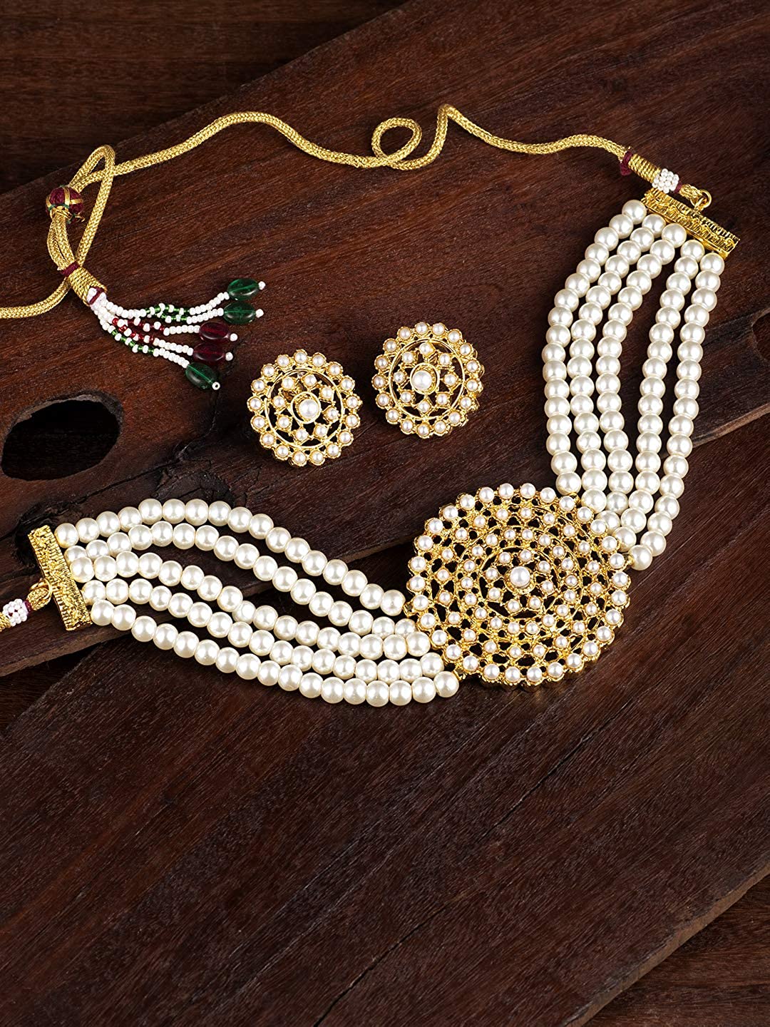 Women's Gold Plated White Light Weight Pearl Beaded Choker Necklace Set