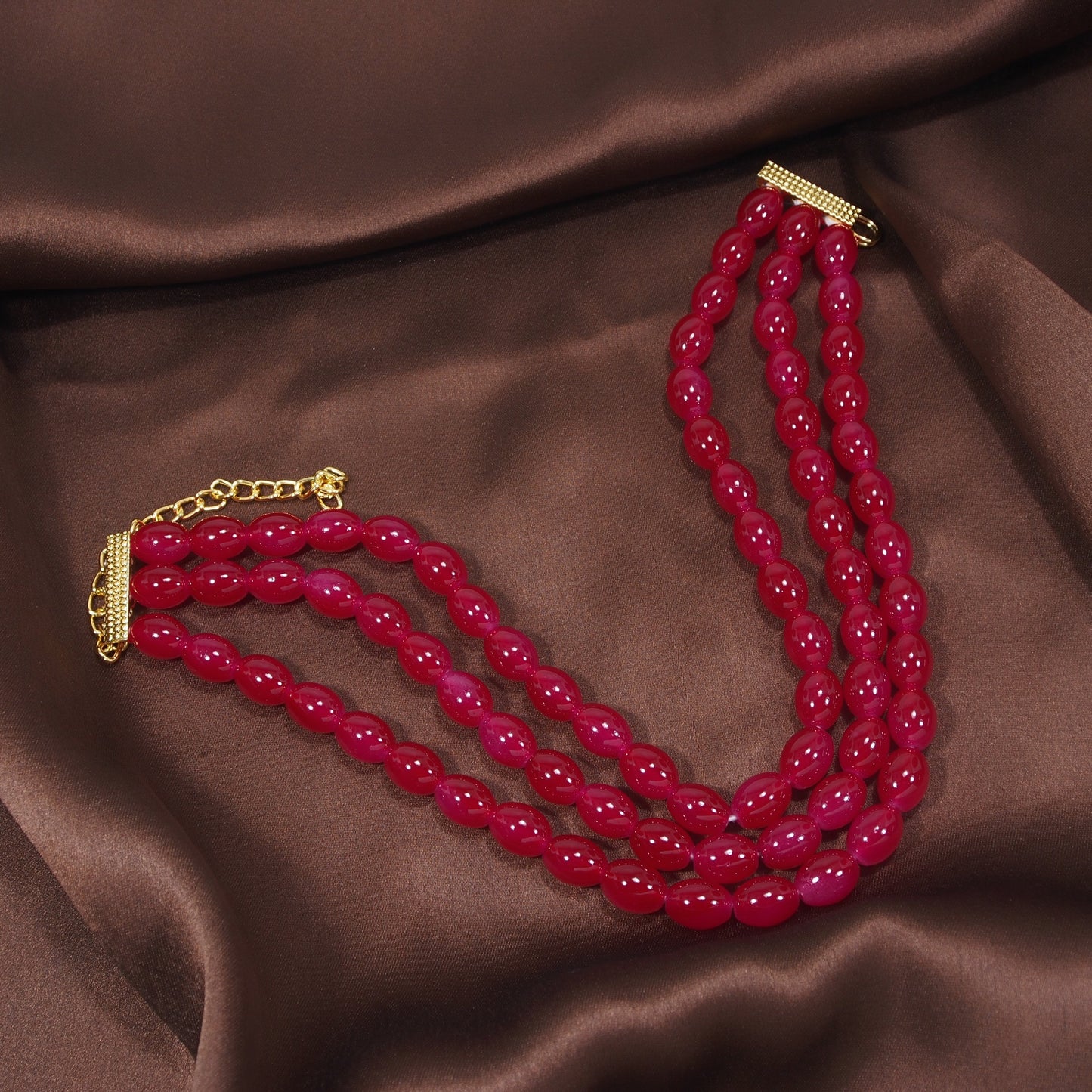 Women's Gold Plated Red Handcrafted 3 Layer Light Weighted Ruby Pearl Choker Necklace Set