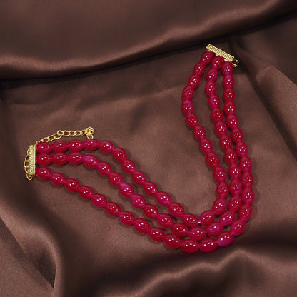 Women's Gold Plated Red Handcrafted 3 Layer Light Weighted Ruby Pearl Choker Necklace Set