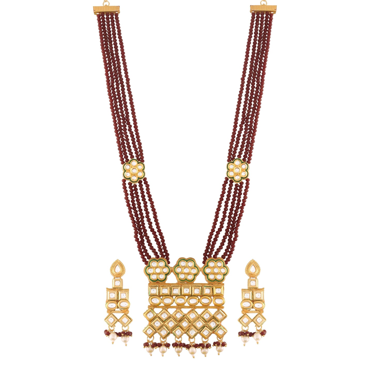 Women's Gold Plated Polki Kundan Brass Necklace Set With Earrings Maroon Crystal Onyx Long Mala