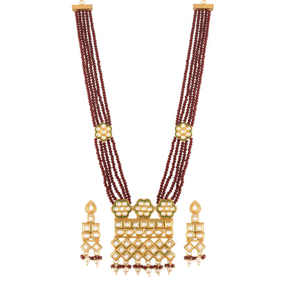 Women's Gold Plated Polki Kundan Brass Necklace Set With Earrings Maroon Crystal Onyx Long Mala