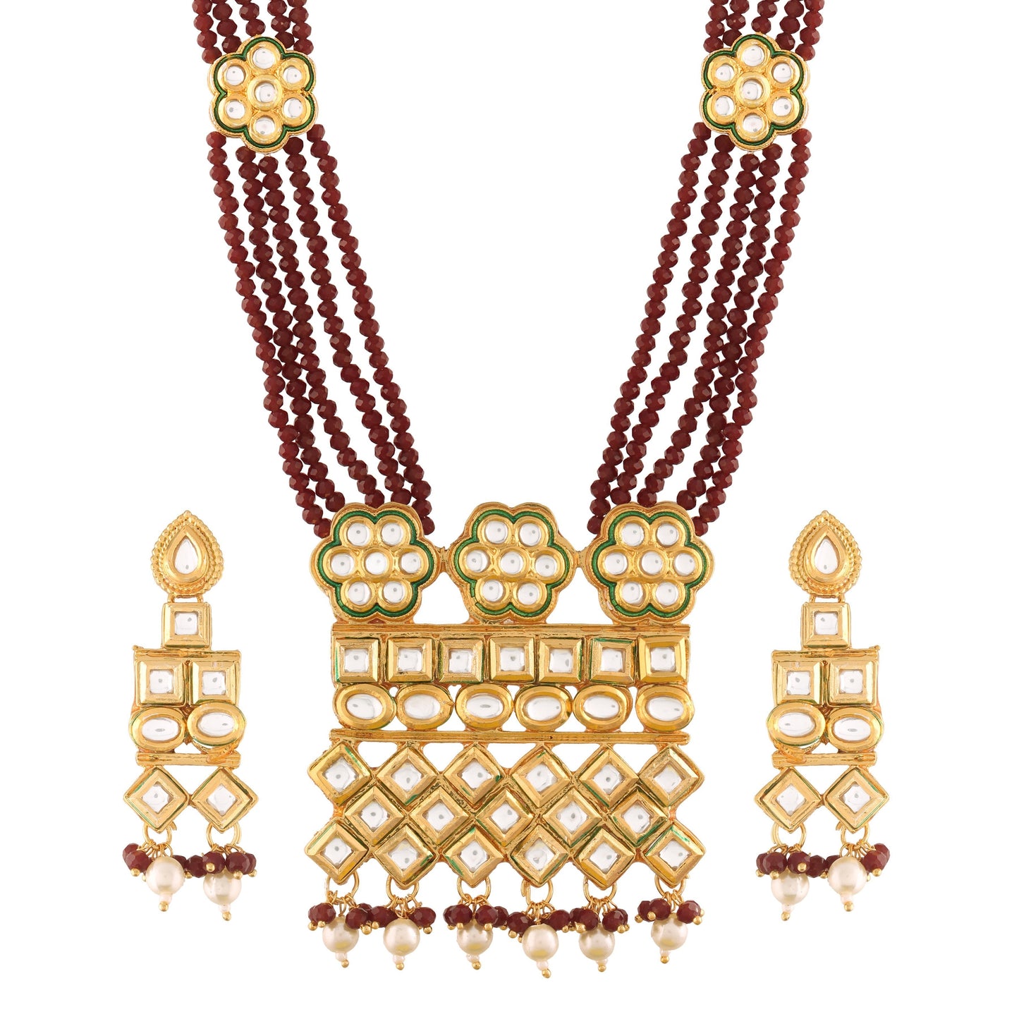 Women's Gold Plated Polki Kundan Brass Necklace Set With Earrings Maroon Crystal Onyx Long Mala