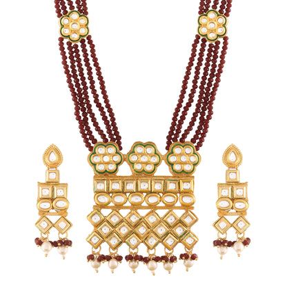 Women's Gold Plated Polki Kundan Brass Necklace Set With Earrings Maroon Crystal Onyx Long Mala