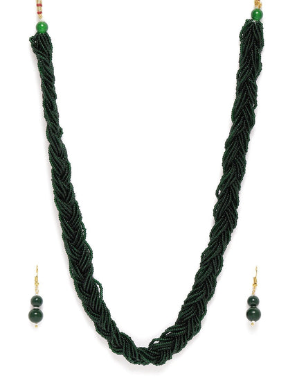 Women's Designer Emerald Twisted Beads Long Necklace Set With Earrings