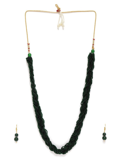 Women's Designer Emerald Twisted Beads Long Necklace Set With Earrings