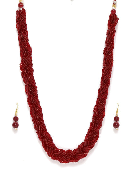 Women's Designer Ruby Twisted Beads Long Necklace Set With Earrings