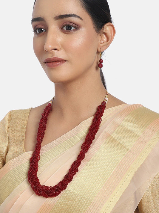 Women's Designer Ruby Twisted Beads Long Necklace Set With Earrings
