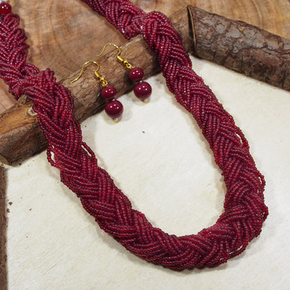 Women's Designer Ruby Twisted Beads Long Necklace Set With Earrings