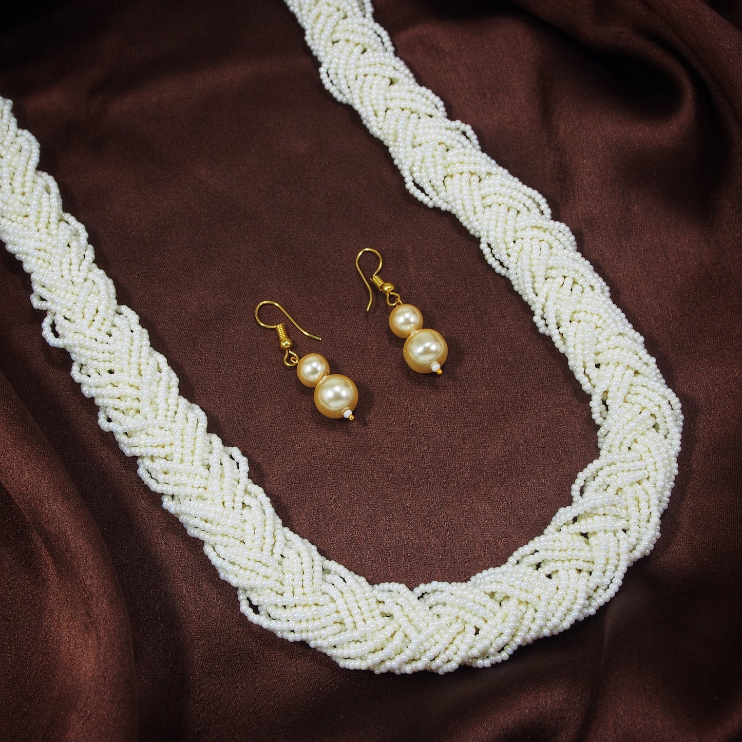 Women's Designer WhiteTwisted Beads Long Necklace Set With Earrings