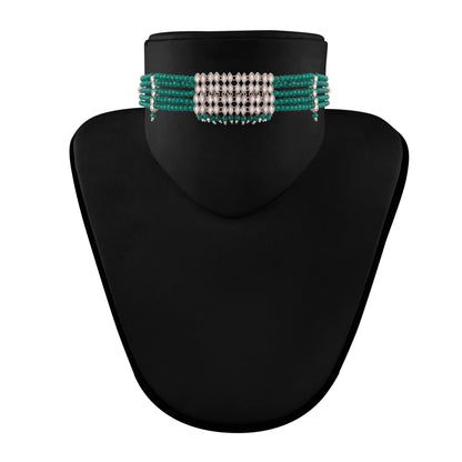 Women's Silver Plated Green Crystal Beads with Stone Studded Choker Necklace Set