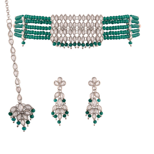 Women's Silver Plated Green Crystal Beads with Stone Studded Choker Necklace Set