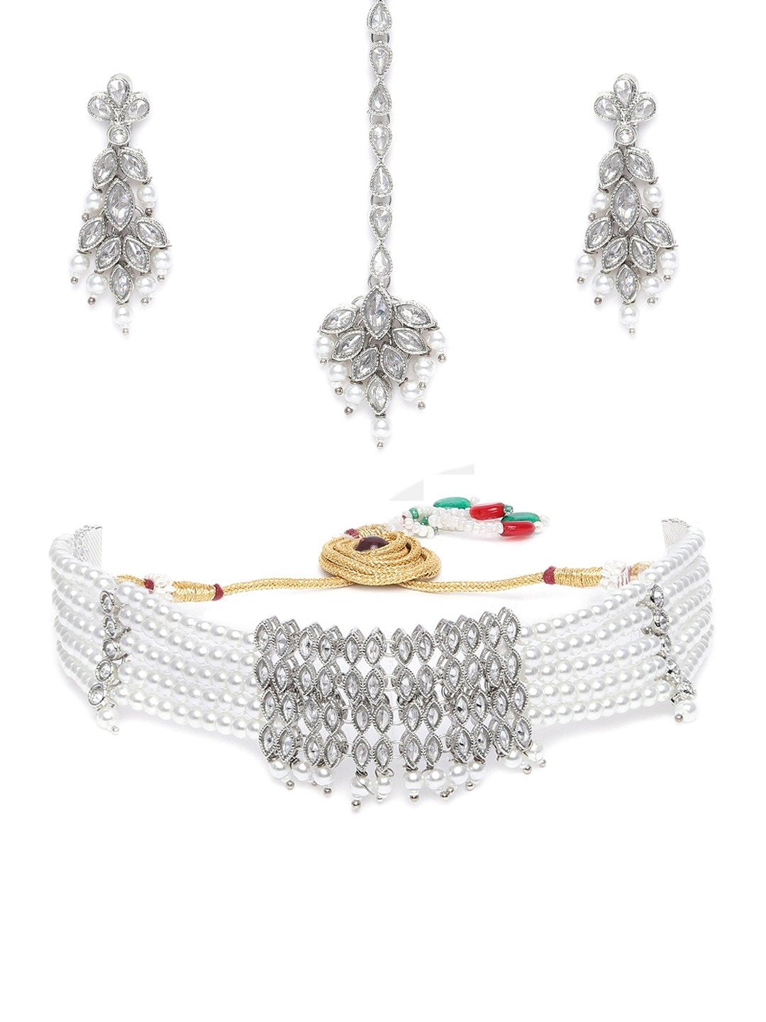 Women's Silver Plated White Crystal Beads with Stone Studded Choker Necklace Set