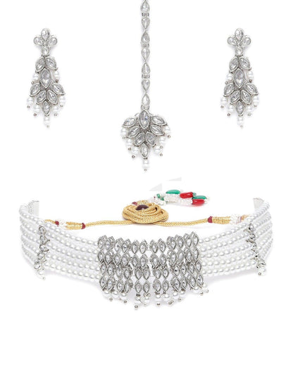 Women's Silver Plated White Crystal Beads with Stone Studded Choker Necklace Set