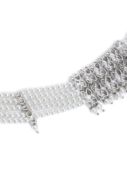 Women's Silver Plated White Crystal Beads with Stone Studded Choker Necklace Set