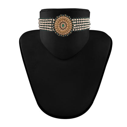 Women's Gold Plated Dark Green Onyx Crystal Beads with Peal Kundan Choker Necklace Set