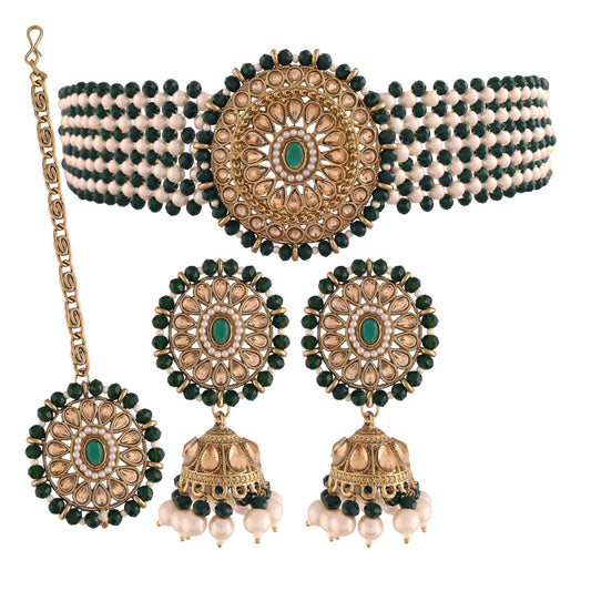 Women's Gold Plated Dark Green Onyx Crystal Beads with Peal Kundan Choker Necklace Set