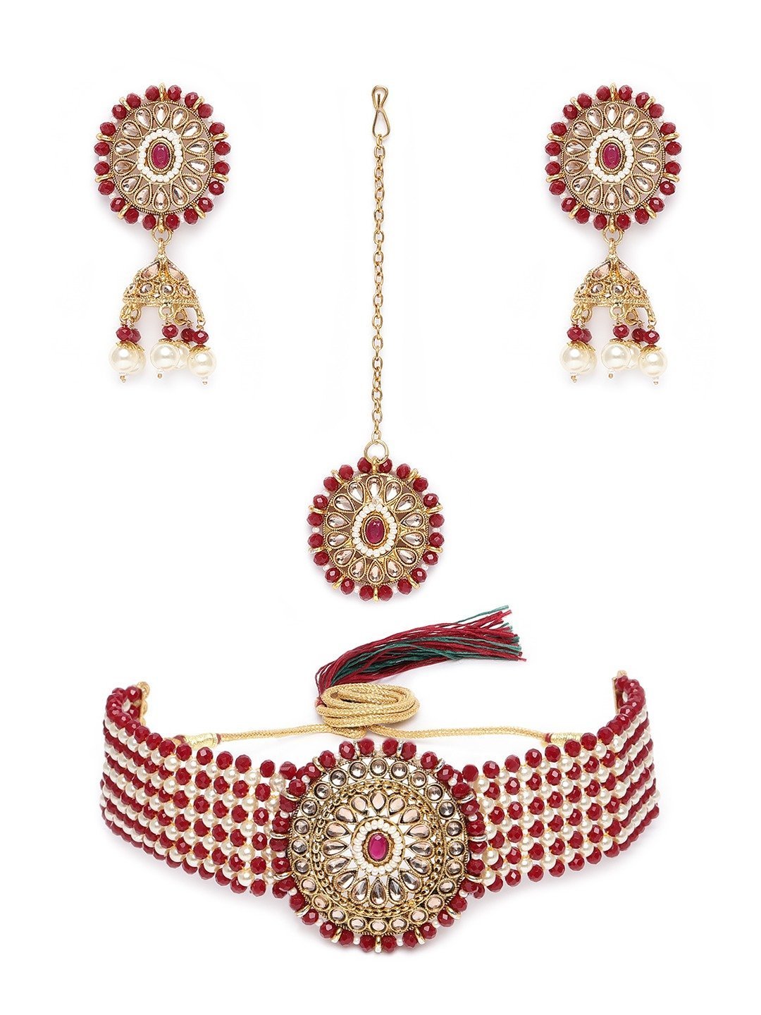 Women's Gold Plated Maroon Onyx Crystal Beads with Peal Kundan Choker Necklace Set