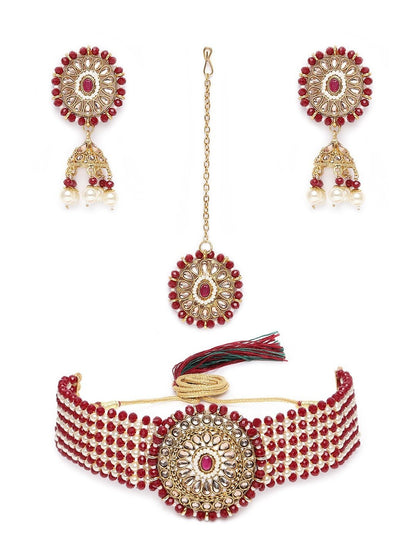 Women's Gold Plated Maroon Onyx Crystal Beads with Peal Kundan Choker Necklace Set