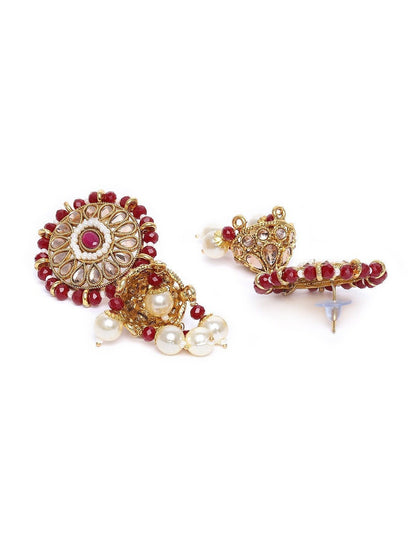 Women's Gold Plated Maroon Onyx Crystal Beads with Peal Kundan Choker Necklace Set
