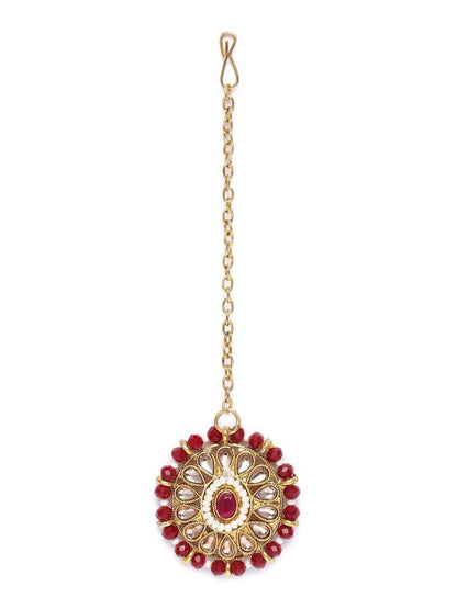 Women's Gold Plated Maroon Onyx Crystal Beads with Peal Kundan Choker Necklace Set