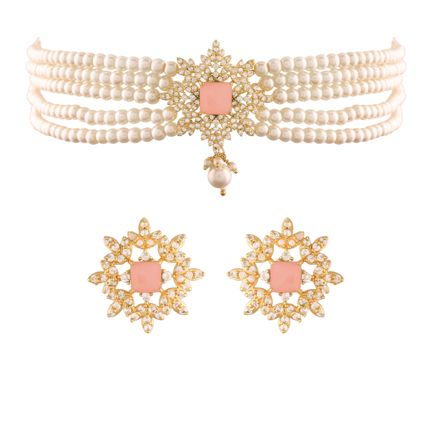 Women's Gold Plated Pink CZ Crystal Stone with Pearl Choker Necklace Set
